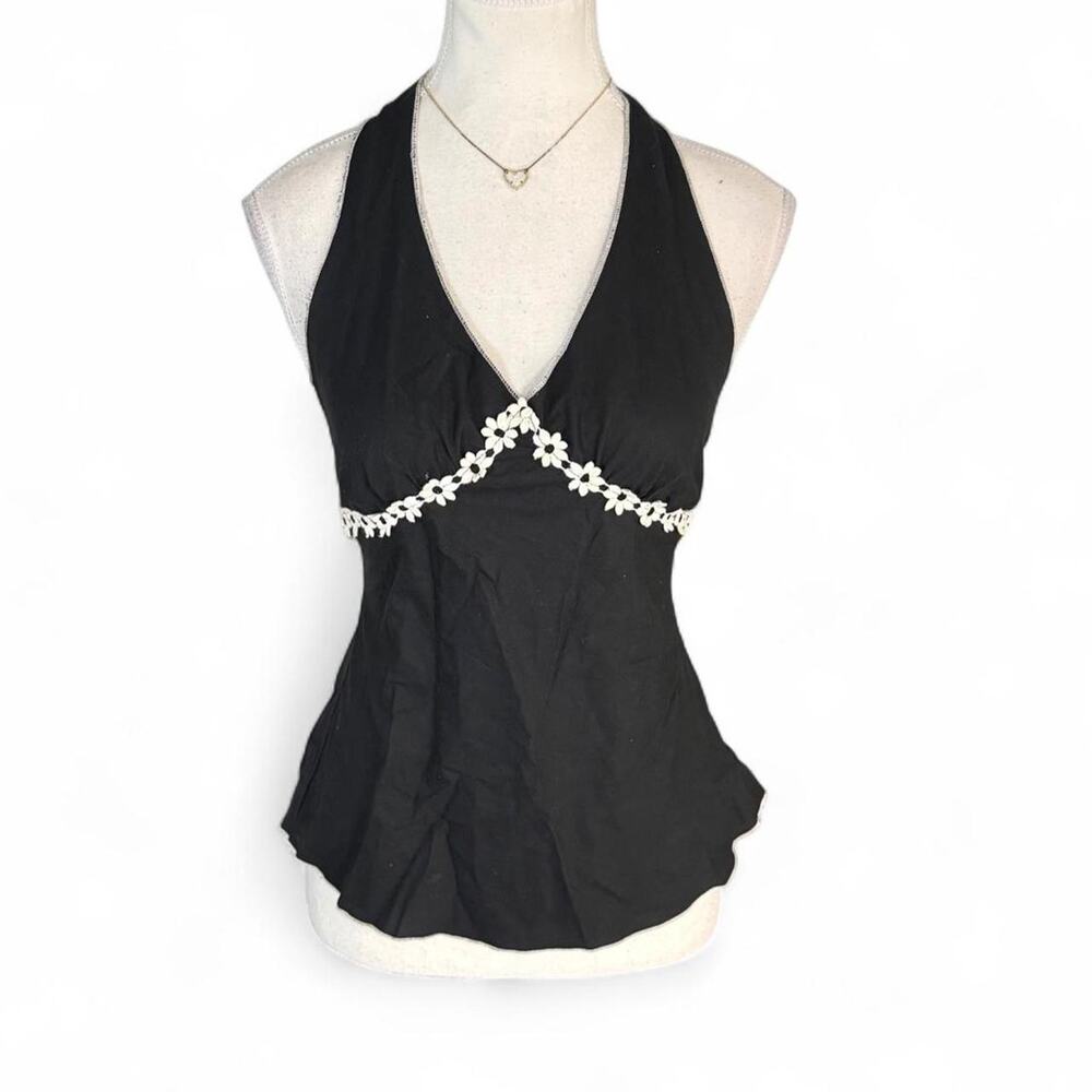 Y2K 2000s Halo black halter top with white floral trim, size M